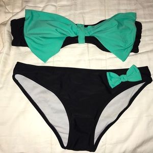 Black Bandeau Bikini with Blue Bow